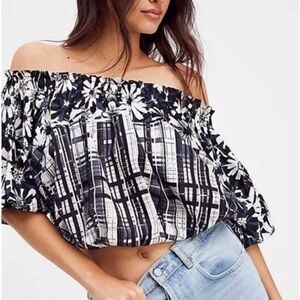 Free People Black & White Off-Shoulder Floral Plaid Crop Top - Women